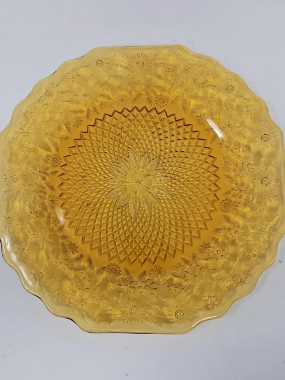 Vintage Indiana 618 Pineapple & Floral Amber Glass Cake Serve Platter Plate 11